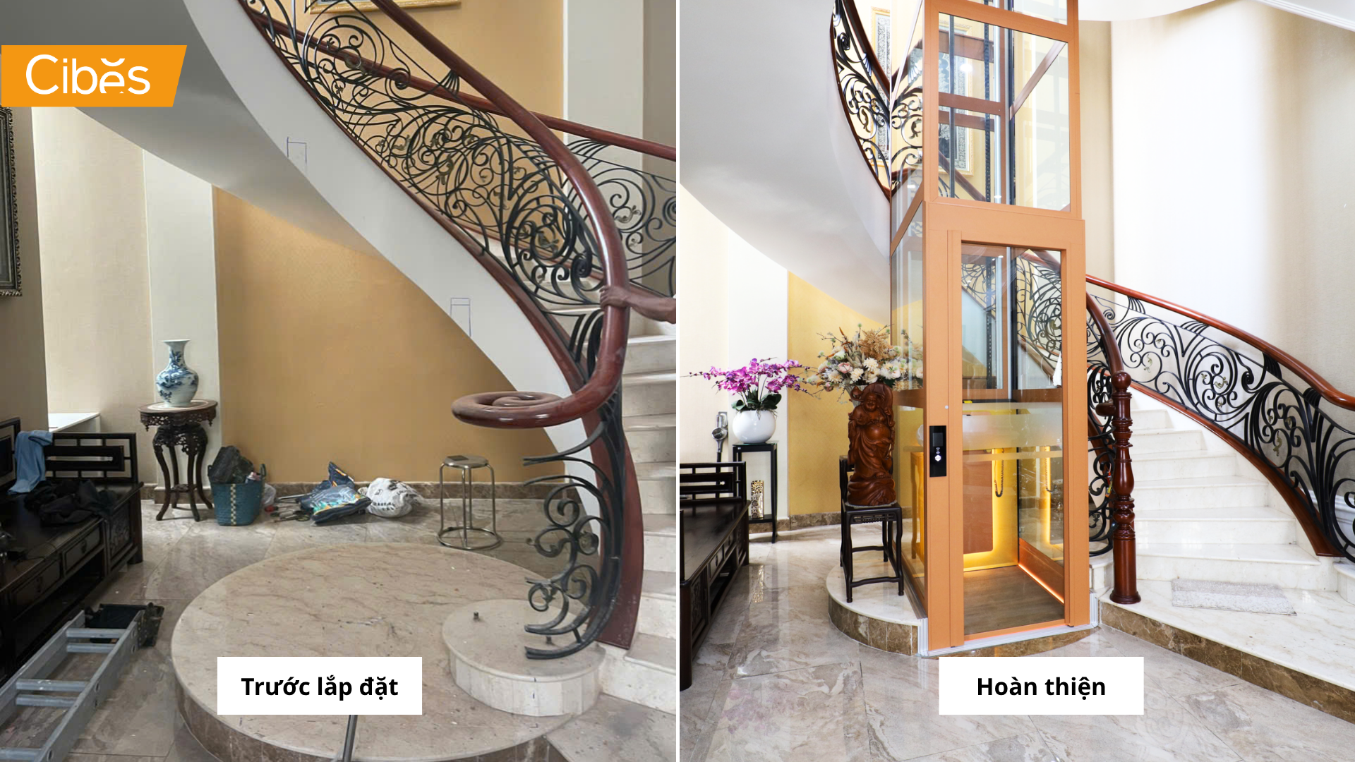 Lắp đặt thang máy nhỏ Cibes Air giữa cầu thang bộ xoắn tại Long An